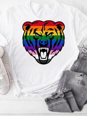 White Tee with Rainbow Bear Graphic